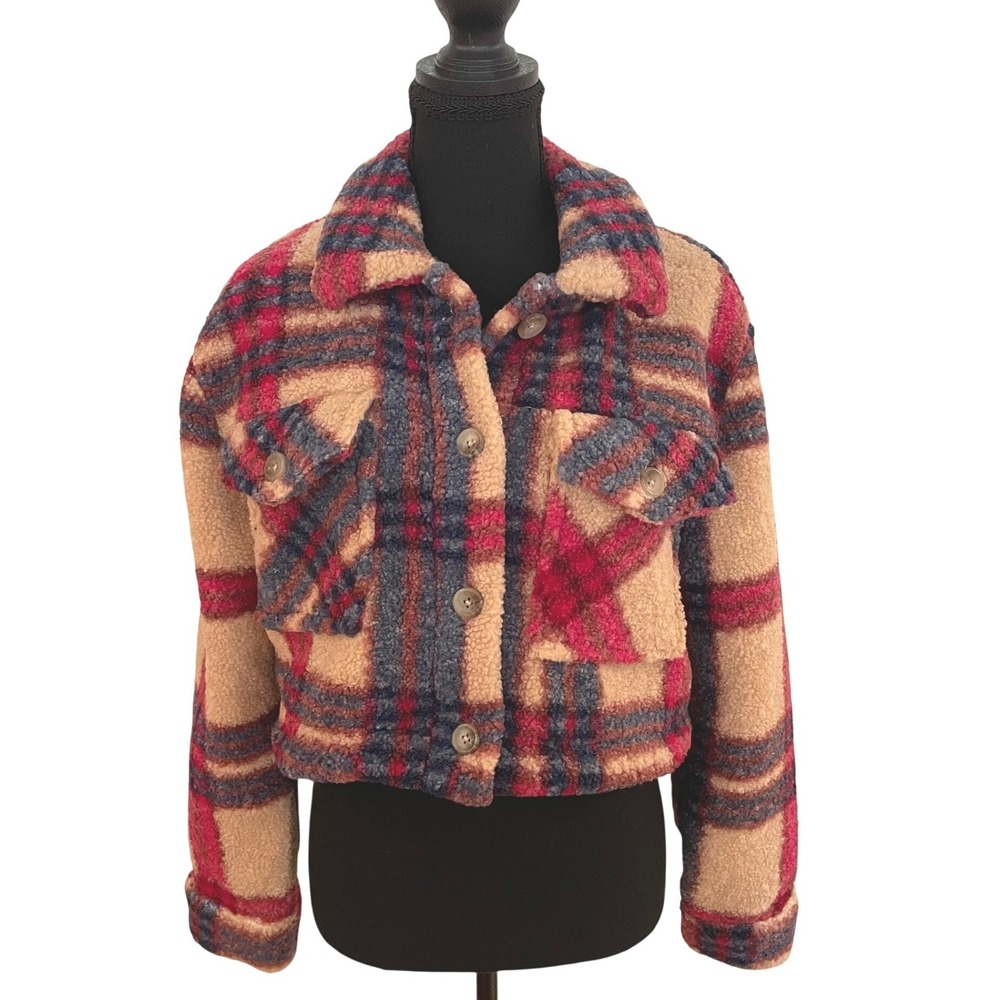 L*Space Big Sur Jacket Womens XS Red Plaid Sherpa Fleece Cropped Shacket Boho